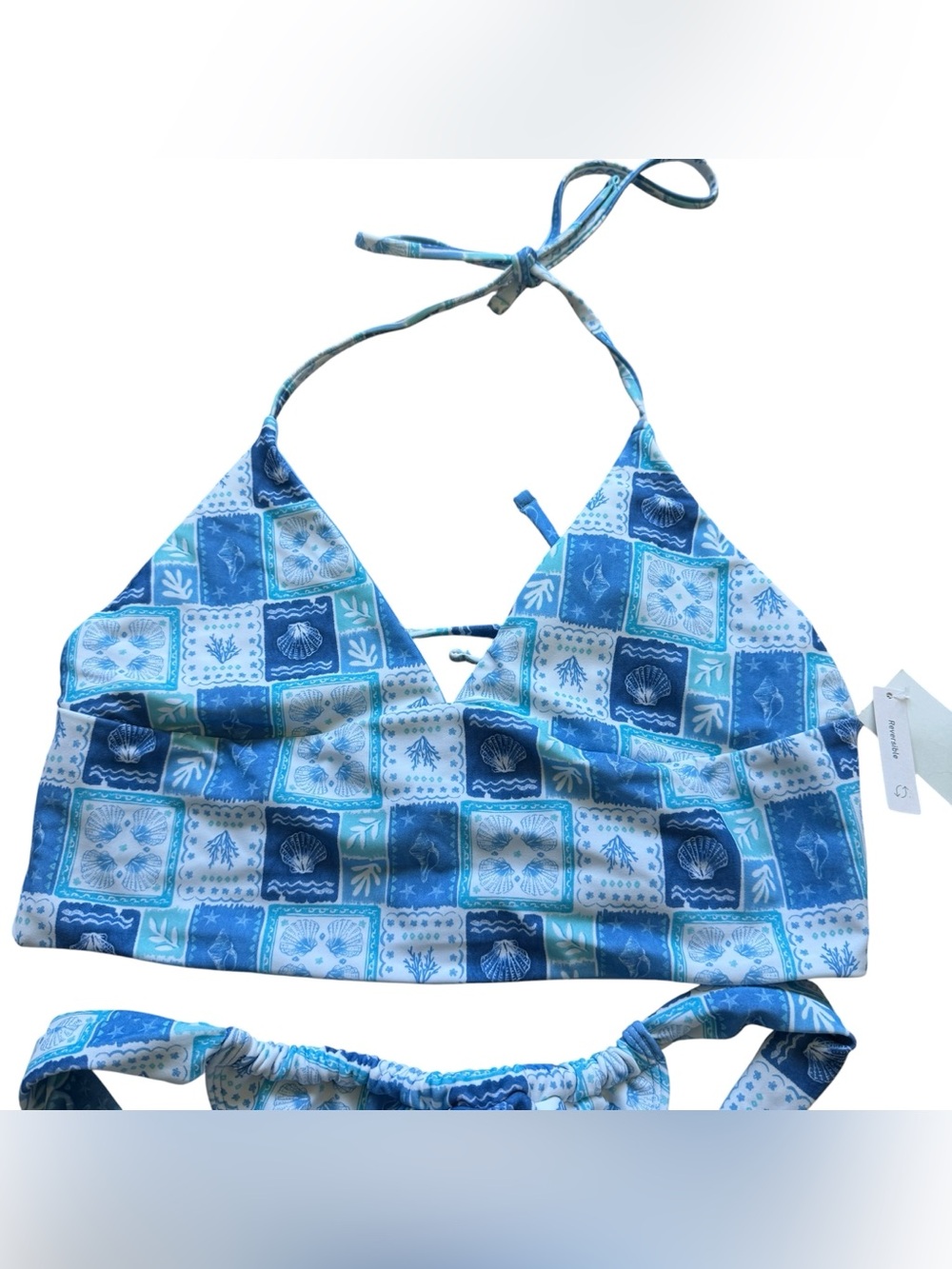 Hollister NWT Blue Coastal Tile Print Halter Bikini Set Top S Bottom M Cheeky - Picture 5 of 13